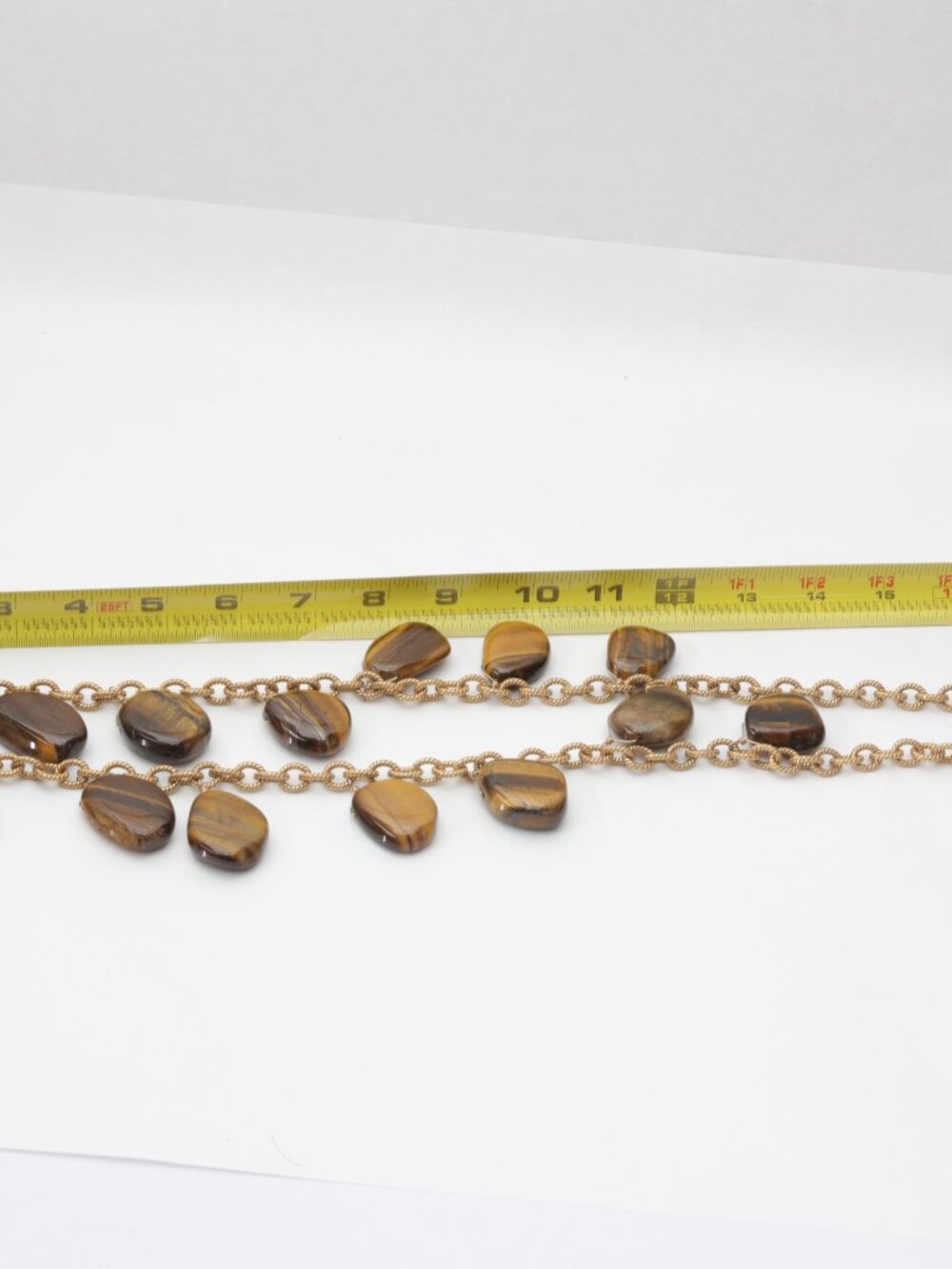 Vintage long genuine tiger's eye natural stone necklace on gold tone chain heavy - Picture 6 of 9